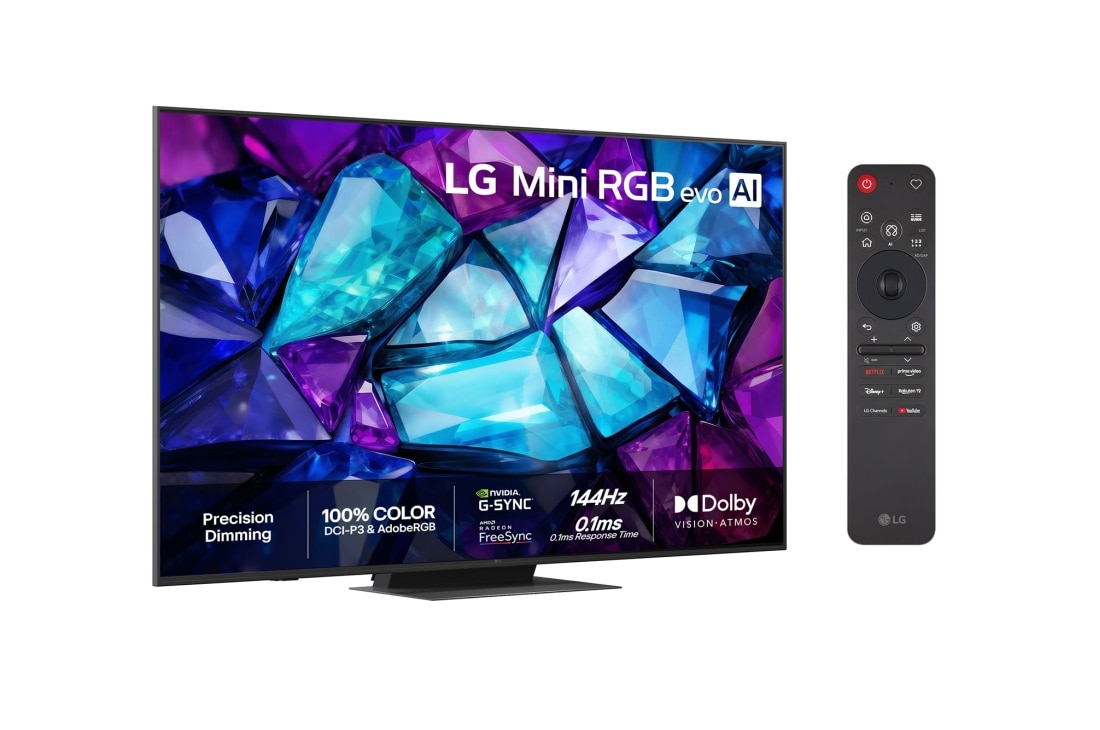 LG 86'' Mini RGB MRGB88 4K AI TV - 2026, Vuonna 2026 julkaistun LG Mini RGB evo AI MRGB85:n edestä kuvattu näkymä esittää kristallimaisen kuvan teräväpiirteisistä monivärisistä fasettipinnoista, ja siinä on 75 tuuman näyttö, webOS, Double 10, 86MRGB88B6B, thumbnail 2