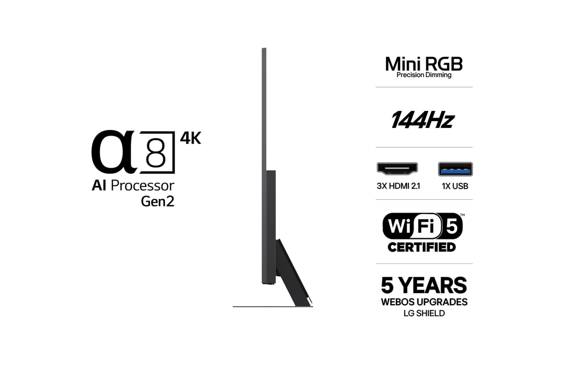 LG 86'' Mini RGB MRGB88 4K AI TV - 2026, LG Mini RGB evo AI MRGB85 on kuvattuna edestä ja sivulta korostaen 75-tuumaista näyttöä, jonka leveys on 1677 mm, korkeus 966 mm, korkeus jalustan kanssa 1032 mm, syvyys 51,6 mm ja jalustan mitat ovat, 86MRGB88B6B, thumbnail 3