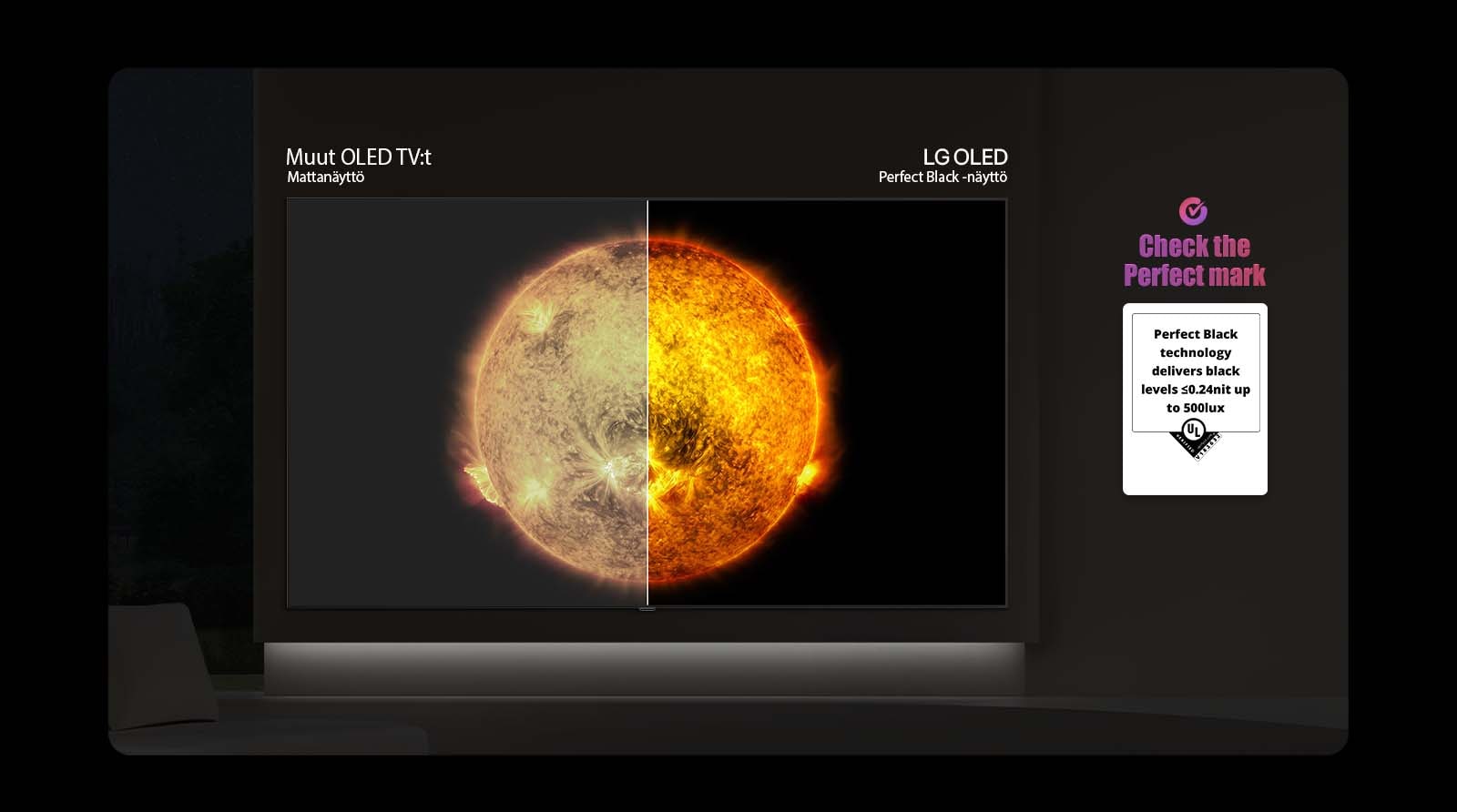 LG OLED AI B6E esittää jaetun kuvan auringosta, jossa verrataan heijastamatonta mattapintaista näyttöä ja Perfect Black -näyttöä kirkkaamman kuvanlaadun havainnollistamiseksi kaikissa valaistusolosuhteissa, ja tätä tukee näkyvä UL Perfect Black -sertifiointi.