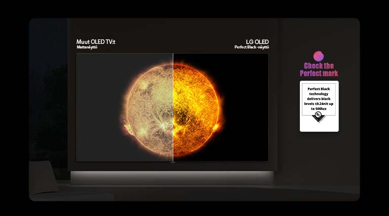 LG OLED AI B6E esittää jaetun kuvan auringosta, jossa verrataan heijastamatonta mattapintaista näyttöä ja Perfect Black -näyttöä kirkkaamman kuvanlaadun havainnollistamiseksi kaikissa valaistusolosuhteissa, ja tätä tukee näkyvä UL Perfect Black -sertifiointi.