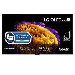 Vuonna 2026 julkaistun LG OLED evo AI G6:n edestäpäin kuvatussa näkymässä näkyy ohut musta kehys ja ruudun täyttävä eloisa, veistoksellinen kuva, jossa on runsaasti kerrostettuja, monivärisiä muotoja 2