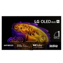The front view of LG OLED evo AI G6, released in 2026, features a slim black bezel, with a vivid, sculptural image of richly layered, multicolored forms filling the screen, along with the World's No.12