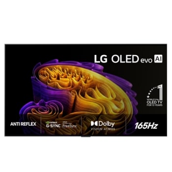The front view of LG OLED evo AI G6, released in 2026, features a slim black bezel, with a vivid, sculptural image of richly layered, multicolored forms filling the screen, along with the World's No.11