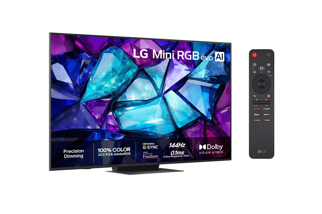 LG 50'' Mini RGB MRGB88 4K AI TV - 2026, Vuonna 2026 julkaistun LG Mini RGB evo AI MRGB85:n edestä kuvattu näkymä esittää kristallimaisen kuvan teräväpiirteisistä monivärisistä fasettipinnoista, ja siinä on 75 tuuman näyttö, webOS, Double 10, 50MRGB88B6B, thumbnail 2
