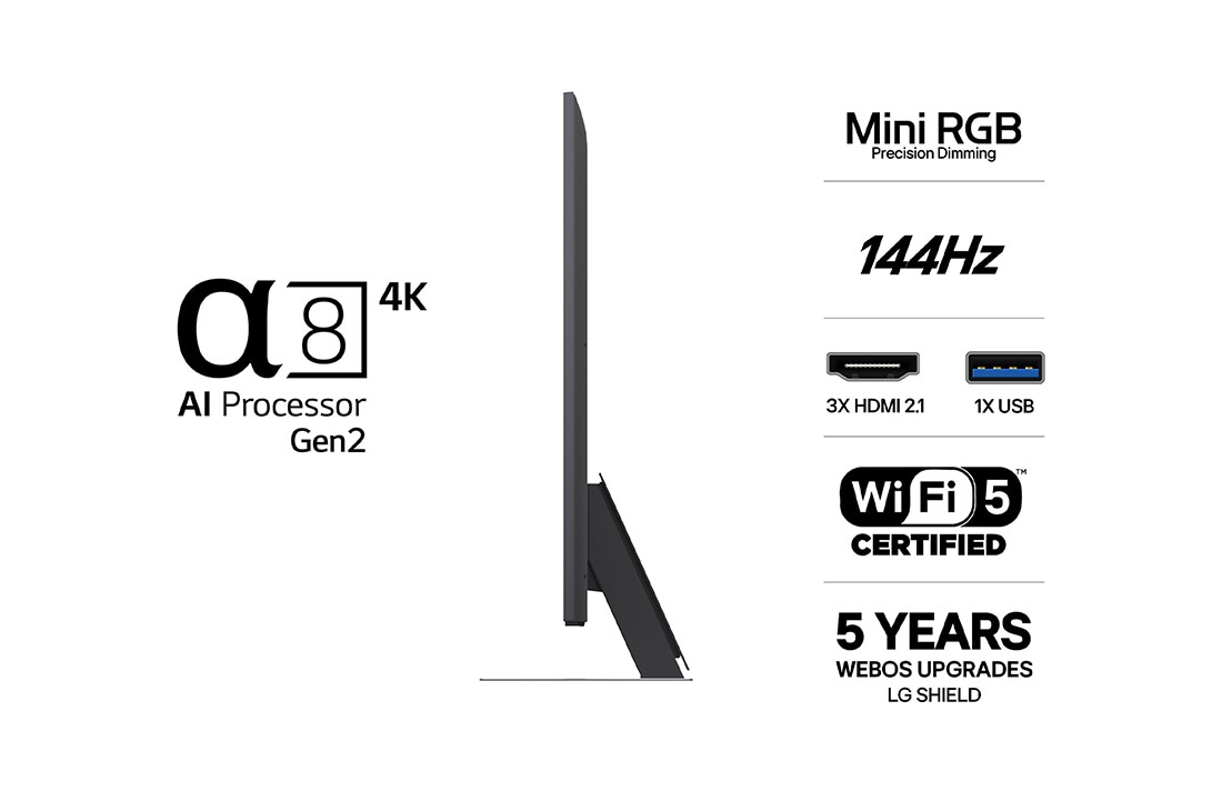 LG 50'' Mini RGB MRGB88 4K AI TV - 2026, LG Mini RGB evo AI MRGB85 on kuvattuna edestä ja sivulta korostaen 75-tuumaista näyttöä, jonka leveys on 1677 mm, korkeus 966 mm, korkeus jalustan kanssa 1032 mm, syvyys 51,6 mm ja jalustan mitat ovat, 50MRGB88B6B, thumbnail 3