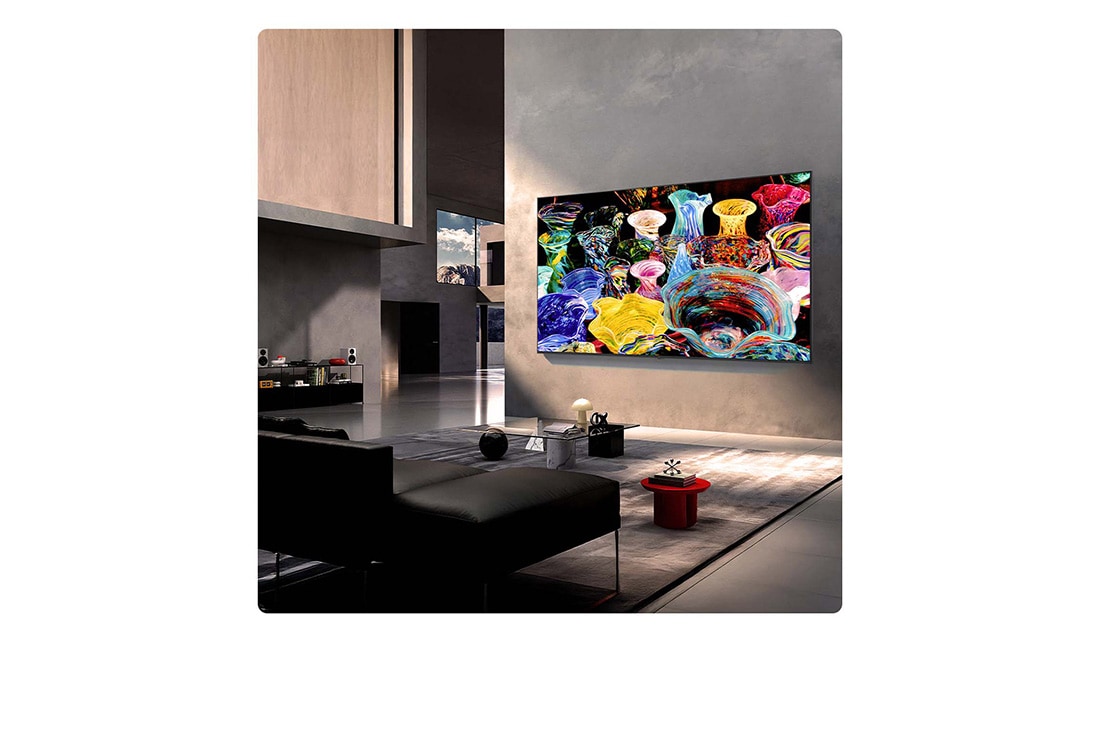 LG 50'' Mini RGB MRGB88 4K AI TV - 2026, LG Mini RGB evo AI MRGB85 on asennettu seinälle tilavaan, nykyaikaiseen olohuoneeseen, ja siinä näkyy elävä abstrakti taideteos pyörteilevillä, monivärisillä elementeillä., 50MRGB88B6B, thumbnail 12