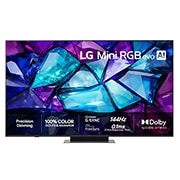 LG 50'' Mini RGB MRGB88 4K AI TV - 2026, Vuonna 2026 julkaistun LG Mini RGB evo AI MRGB85:n edestä kuvatussa näkymässä on ohut musta kehys ja lyhyet jalat, ja ruudun täyttää elävä, kristallimainen kuva teräväpiirteisistä monivärisistä fasett, 50MRGB88B6B, thumbnail 1