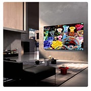 LG 50'' Mini RGB MRGB88 4K AI TV - 2026, LG Mini RGB evo AI MRGB85 on asennettu seinälle tilavaan, nykyaikaiseen olohuoneeseen, ja siinä näkyy elävä abstrakti taideteos pyörteilevillä, monivärisillä elementeillä., 50MRGB88B6B, thumbnail 12