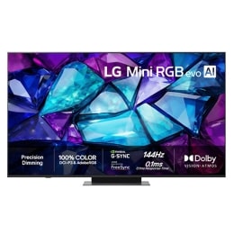 Vuonna 2026 julkaistun LG Mini RGB evo AI MRGB85:n edestä kuvatussa näkymässä on ohut musta kehys ja lyhyet jalat, ja ruudun täyttää elävä, kristallimainen kuva teräväpiirteisistä monivärisistä fasett