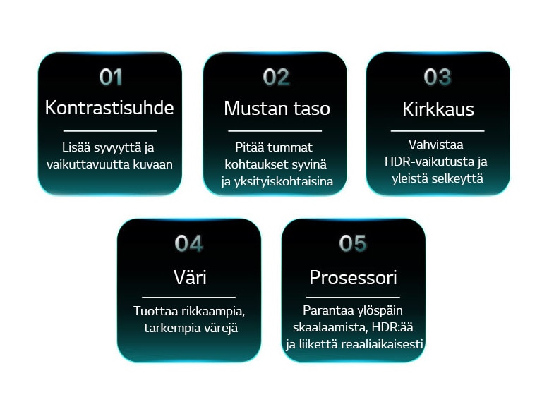 LG TV luettelee viisi kuvanlaadun tekijää, mukaan lukien kontrastisuhde, mustan taso, kirkkaus, väri ja prosessori, sekä lyhyet kuvaukset, jotka selittävät kutakin luokkaa kuvanlaadun arviointia varten.
