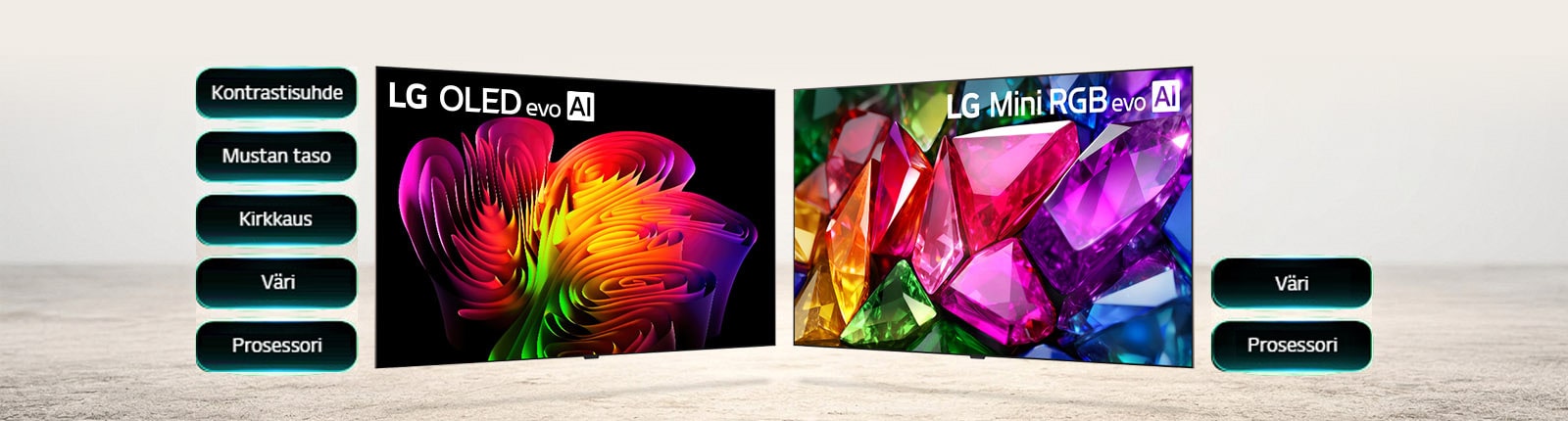 LG OLED evo esittelee edistyksellistä kuvanlaadun suorituskykyä elävien abstraktien visuaalien ja avaintekijöiden, kuten kontrastisuhteen, mustan tason, kirkkauden, värin ja prosessorin, avulla selkeään katseluun jopa kirkkaissa ympäristöissä. LG Mini RGB evo esittelee hienostunutta värisuorituskykyä eloisien, kristallimaisten visuaalien kautta, ja sen vieressä on luettelo tärkeimmistä vahvuuksista, kuten väri ja prosessori yksityiskohtaisen ja tarkan kuvanlaadun saavuttamiseksi.