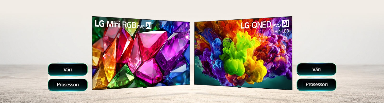 LG Mini RGB evo esittelee hienostunutta värisuorituskykyä eloisien, kristallimaisten visuaalien kautta, ja sen vieressä on luettelo tärkeimmistä vahvuuksista, kuten väri ja prosessori yksityiskohtaisen ja tarkan kuvanlaadun saavuttamiseksi. LG QNED evo Mini LED esittelee kuvanlaatuaan laajennetulla väritilavuudella eloisten, maalauksellisten visuaalien kautta tärkeimpien vahvuuksien, kuten värin ja prosessorin, ohella mukaansatempaavaan suuren näytön katseluun.