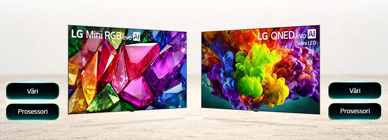 LG Mini RGB evo esittelee hienostunutta värisuorituskykyä eloisien, kristallimaisten visuaalien kautta, ja sen vieressä on luettelo tärkeimmistä vahvuuksista, kuten väri ja prosessori yksityiskohtaisen ja tarkan kuvanlaadun saavuttamiseksi. LG QNED evo Mini LED esittelee kuvanlaatuaan laajennetulla väritilavuudella eloisten, maalauksellisten visuaalien kautta tärkeimpien vahvuuksien, kuten värin ja prosessorin, ohella mukaansatempaavaan suuren näytön katseluun.