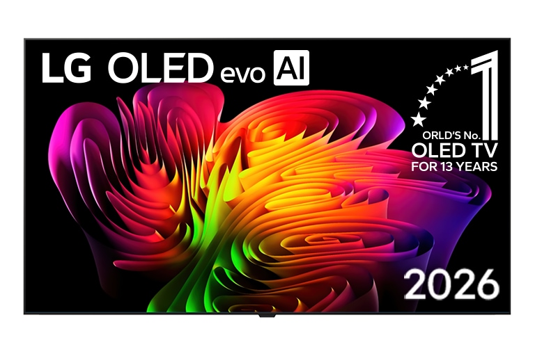 LG OLED evo AI W6 Wallpaper TV:n etunäkymä esittelee sen selkeän Wallpaper-muotoilun, samalla kun dynaaminen abstrakti koostumus aaltomaisista värisävyistä eloisissa monivärisissä sävyissä virtaa saumattomasti näytöllä.
