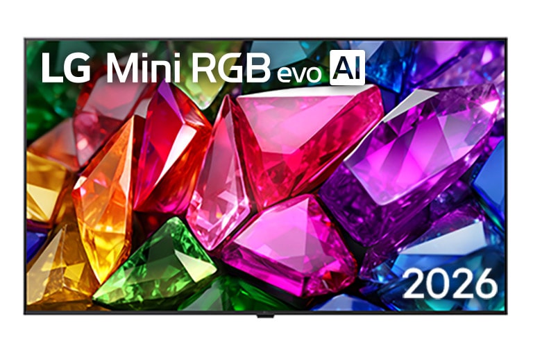 LG Mini RGB evo AI:n etunäkymässä on ohut musta kehys ilman jalustaa, ja näytön täyttää elävä, kristallinkirkas kuva terävästi määritellyistä monivärisistä pinnoista.