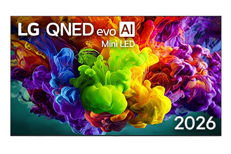 LG QNED evo Mini LED AI:n etunäkymässä näyttö täyttyy eloisista, sulavista ja monivärisistä maalimaista liikettä muistuttavista purskahduksista, kun tiheät väripilvet sulautuvat saumattomasti toisiinsa näytöllä.
