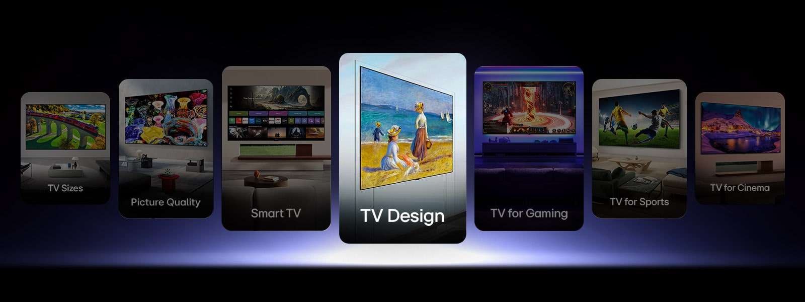 LG TV esittelee monipuolisia tuotesarjoja teemojen, kuten TV Design, Smart TV, Kuvanlaatu, Pelaaminen, Sports ja Elokuva, kautta ohjaten käyttäjiä löytämään heidän elämäntyyliinsä ja katselutarpeisiinsa sopivan LG-television.