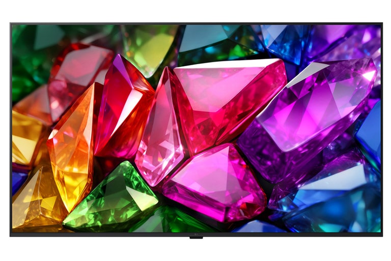 LG Mini RGB evo:n etunäkymässä on ohut musta kehys, ja näytön täyttää eloisa, kristallimainen kuva terävästi määritellyistä monivärisistä pinnoista.