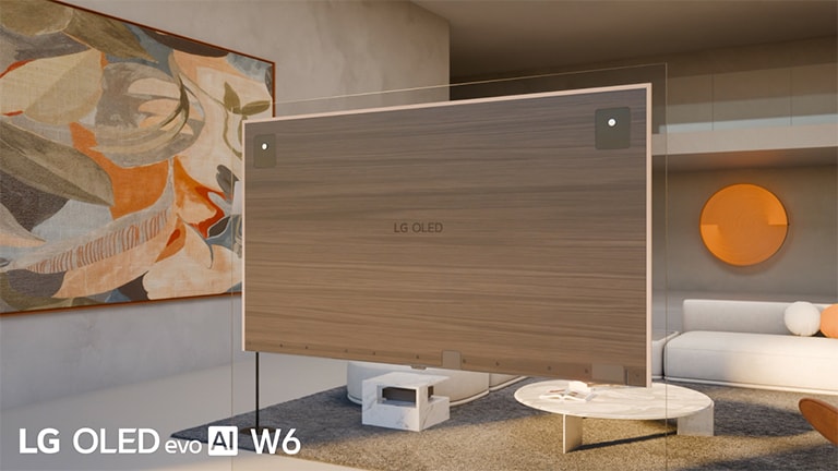 LG OLED evo AI W6 Wallpaper -televisio, jonka kauniin takaosan muotoilun mahdollistavat True Wireless -tekniikka ja Zero Connect Box, on takaa katsottuna ohut, ja tuloksena on siisti kaapeliton tila, joka korostaa sisätilan hienostunutta minimalistista sisustusta.