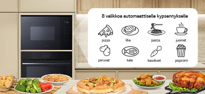 8 ruokakuvaketta ruoista, joita voidaan kypsentää mikroaaltouunin automaattisella kypsennystoiminnolla.