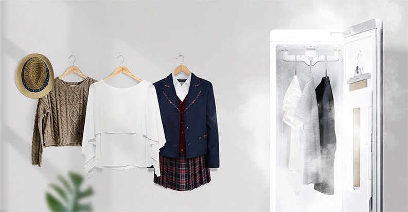 Kuva LG Styleristä ja vaatteista näyttää TrueSteam ™ -tekniikkaa