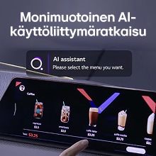 Käyttäjä käyttää multimodaalista AI-käyttöliittymäratkaisua sisältävää kosketusnäyttöä ja valitsee kahvilistan AI-avustajan ohjeistuksella.