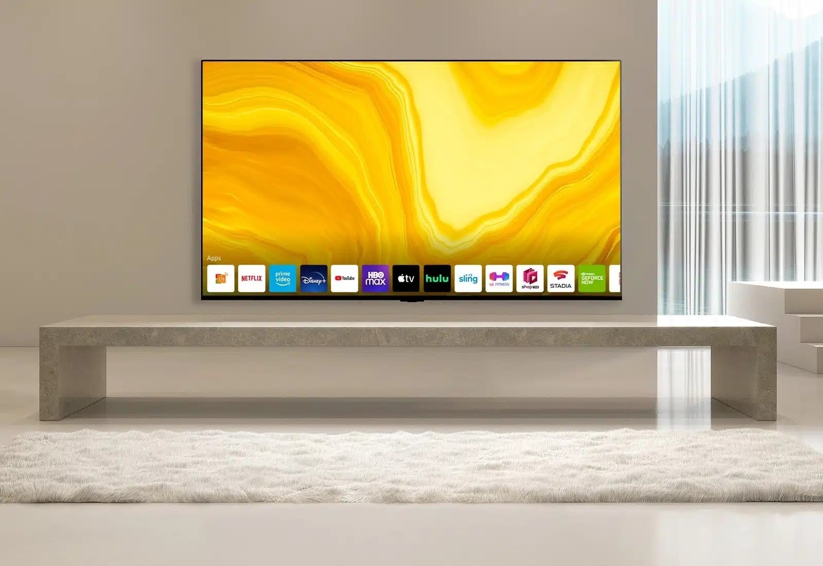 un salon moderne et minimaliste avec un téléviseur LG aux lignes épurées sur une console en pierre. L’écran affiche une œuvre d’art jaune vif. Le design épuré et élégant souligne à la fois le style et la fonctionnalité.
