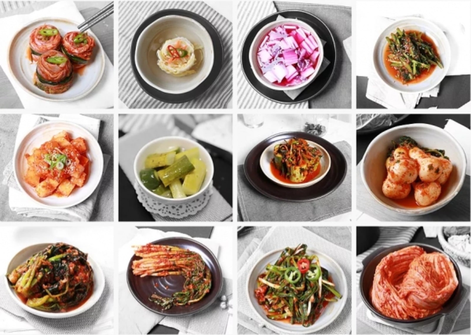 12 plats de kimchi et de légumes marinés variés, présentant un assortiment coloré de spécialités coréennes.