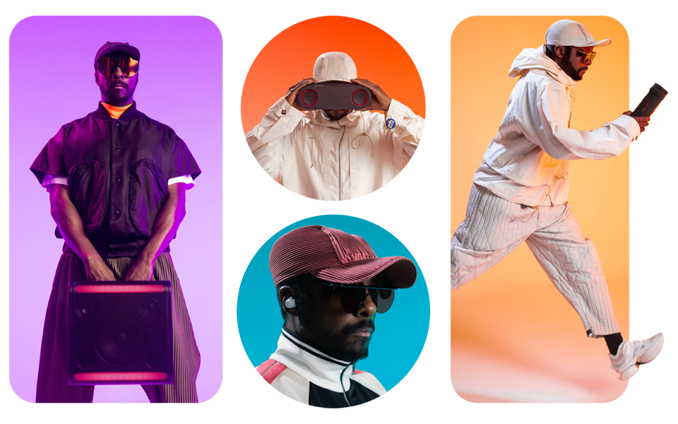 Colourful collage of will.i.am with LG XBOOM speakers and inears as part of XBOOM by will.i.am special edition