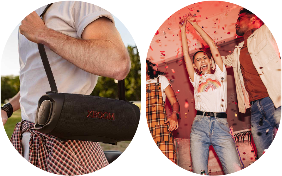 Split image: man wearing LG XBOOM Go XG8T speaker with strap; woman dancing at home party with confetti