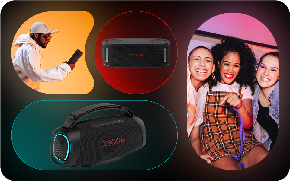 Collage of will.i.am with XBOOM Stage 301 and Bounce in combination with a party scene, part of XBOOM by will.i.am promo