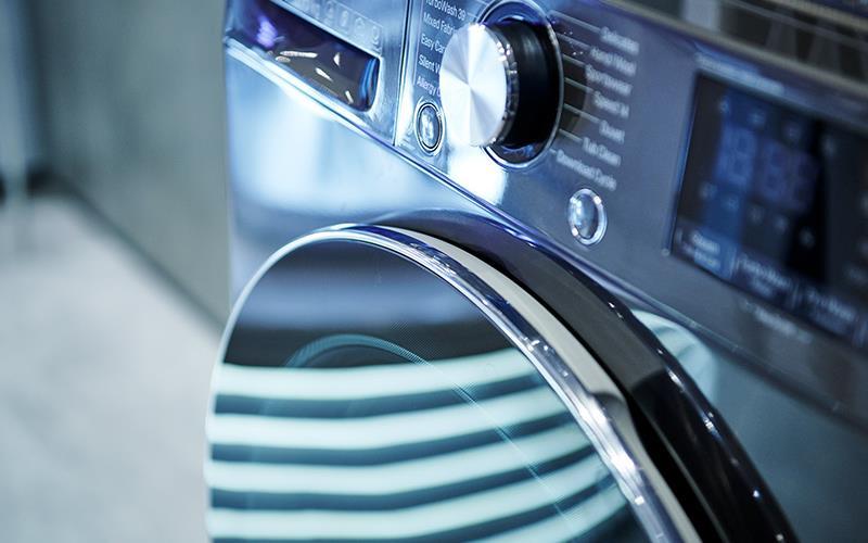 A close-up image of lg washing machine ai dd turbowash 360 at ifa 2019 in berlin.