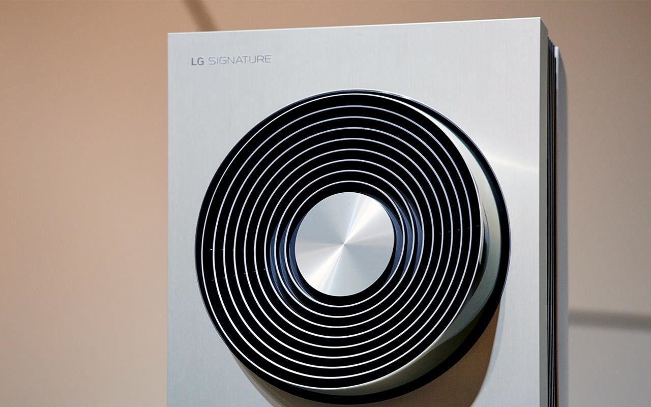 A close-up image of lg signature air-conditioner featuring its geometrical shape. 