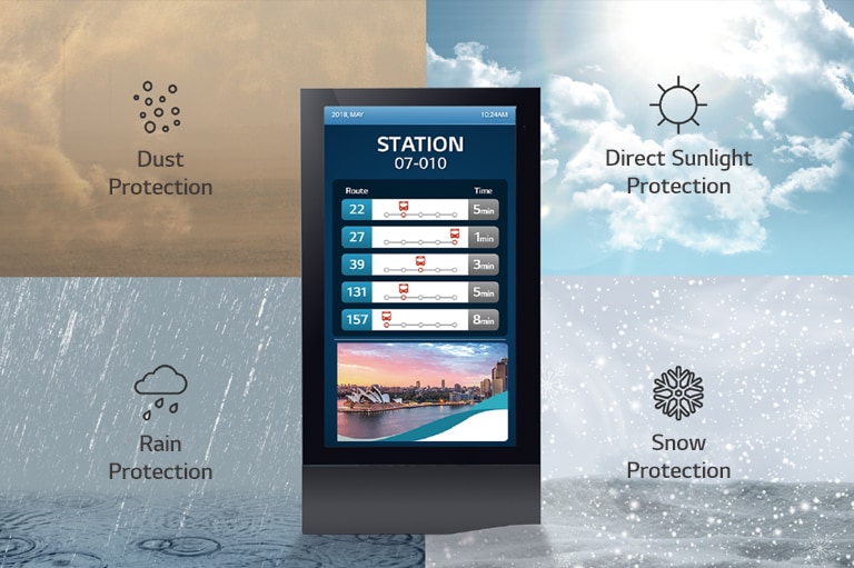 The display is protected against dust, direct sunlight, rain, and snow.