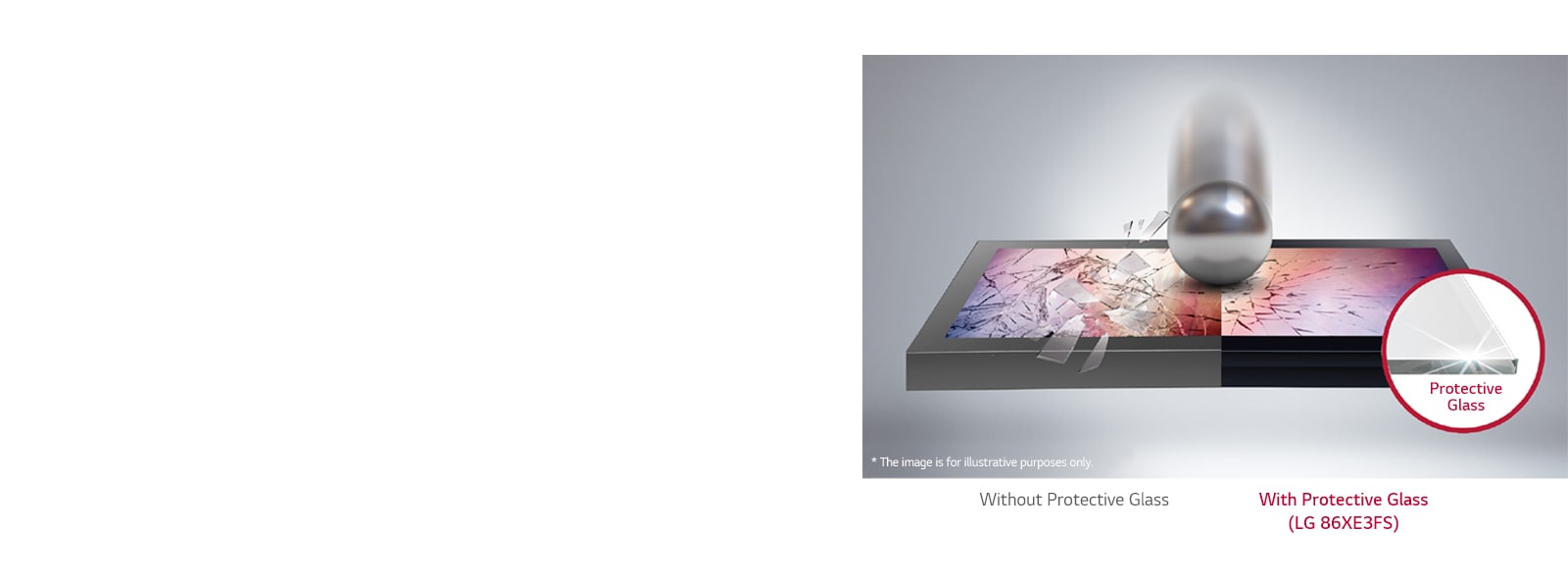 When a strong impact hits the front glass from the outside, the display without protective glass breaks, but the 86XE3FS minimizes the damage with protective glass.