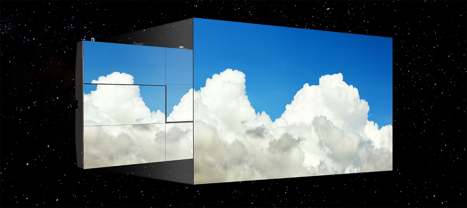 The LG MAGNIT screen, with minimal gaps between modules, shows the blue sky and puffy clouds without color deviation.