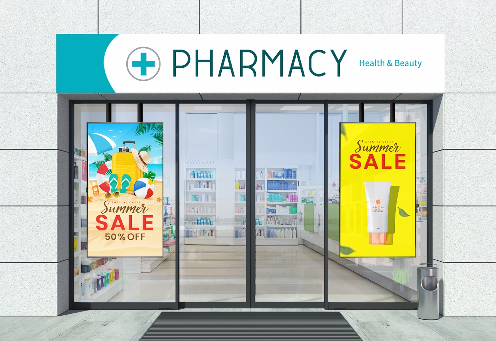 Inside the pharmacy, there are two large displays installed —one on the left side of the store window and the other on the right—showcasing clear advertising content.