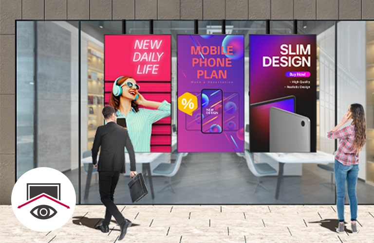 Three large displays are set up near the shop window, providing a vivid view of the content from any angle.