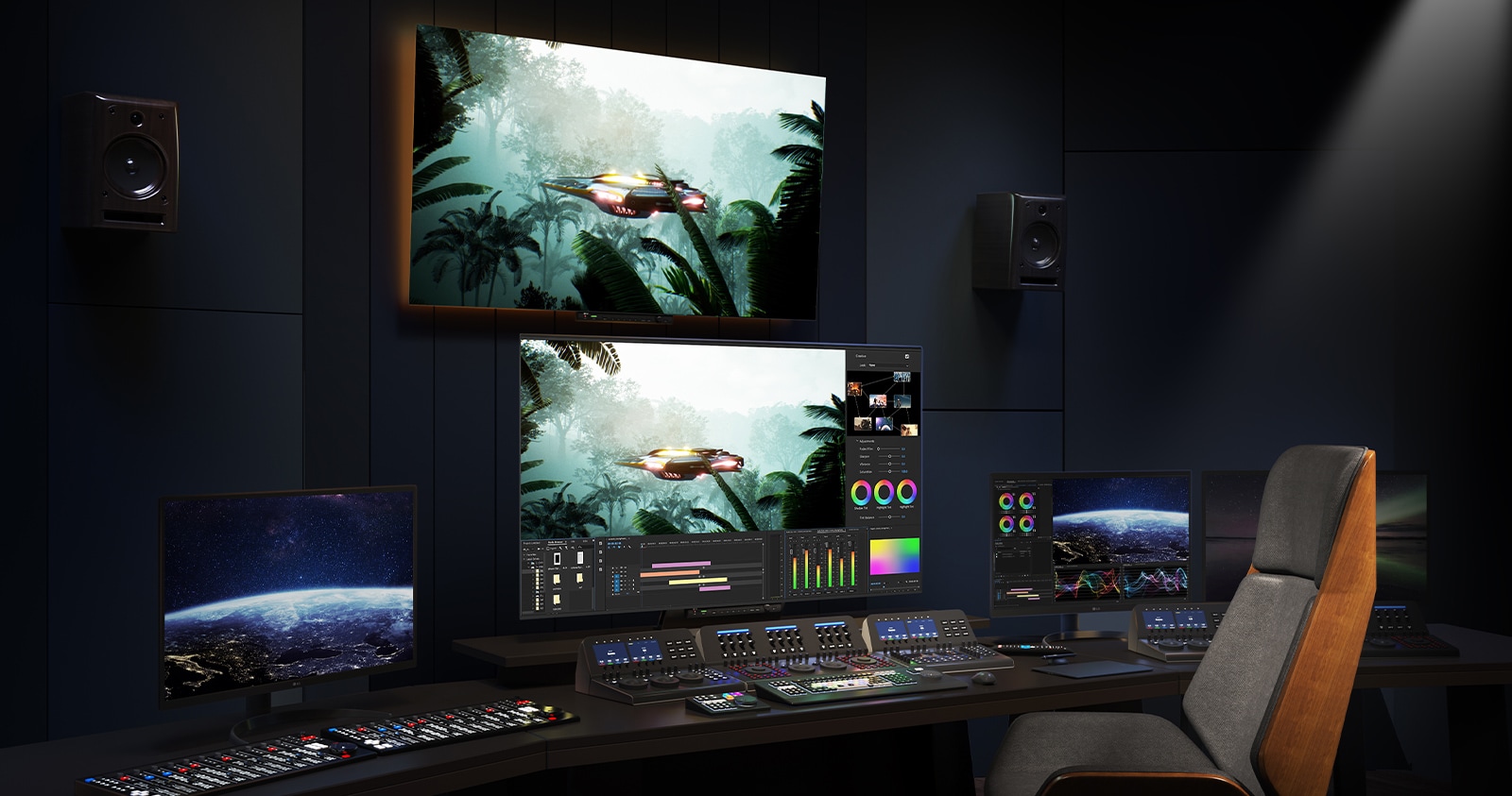 The 65EP5G is installed on the walls and tables of the work space, and monitors smaller than the 65EP5G are placed on either side on the table. The 65EP5G and monitor screens show scenes during video editing, and the 65EP5G screen is clear when compared to the monitor screens on either side.