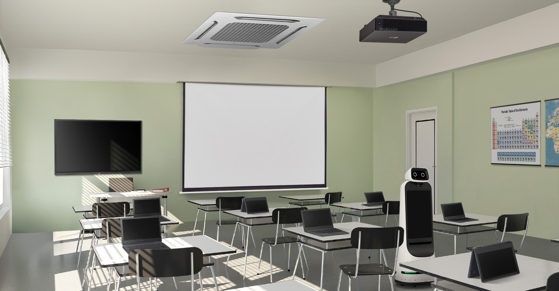 A classroom is equipped with LG products such as digital board, laptop, beam projector, robot, and air solutions, as part of LG Integrated Solutions.