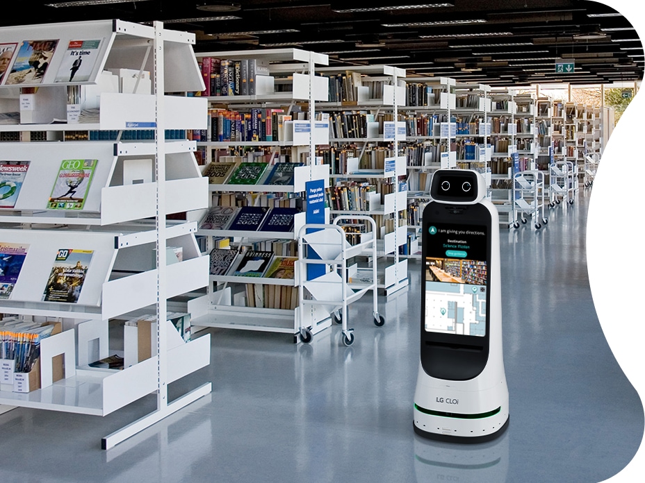 Consider LG CLOi GuideBot in a library to provide facility guides and information to the visitors. It includes various information through CMS on the front and back signage and offers an AI-based multi-lingual guide service.