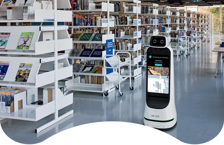 Consider LG CLOi GuideBot in a library to provide facility guides and information to the visitors. It includes various information through CMS on the front and back signage and offers an AI-based multi-lingual guide service.