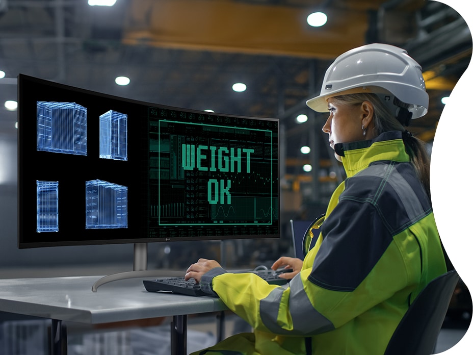 LG's Ergo Dual Monitor maximizes working space in the factory, reinforcing space efficiency.