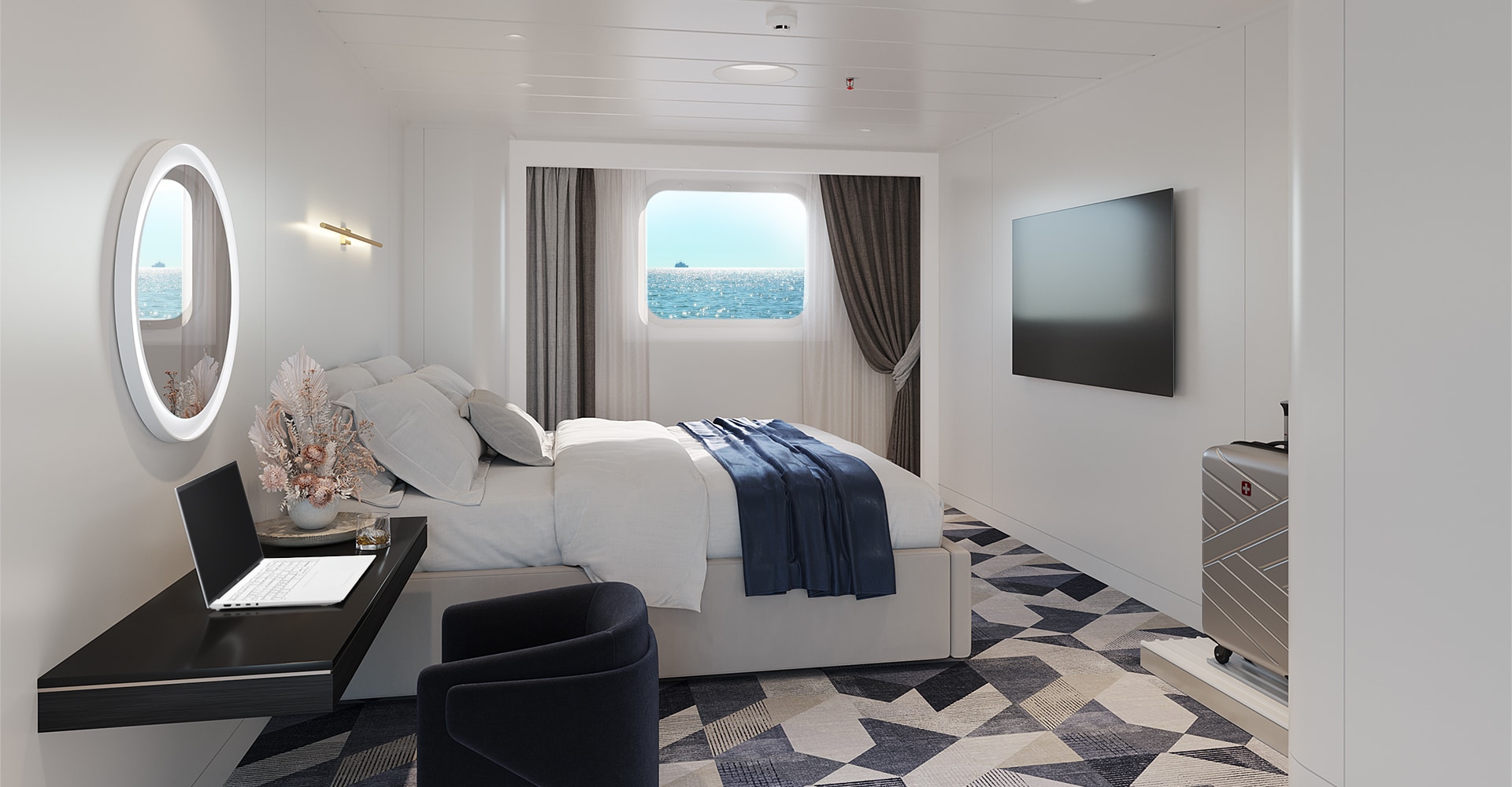 A cruise cabin is equipped with LG products such as TV, laptop, as part of LG Integrated Solutions.