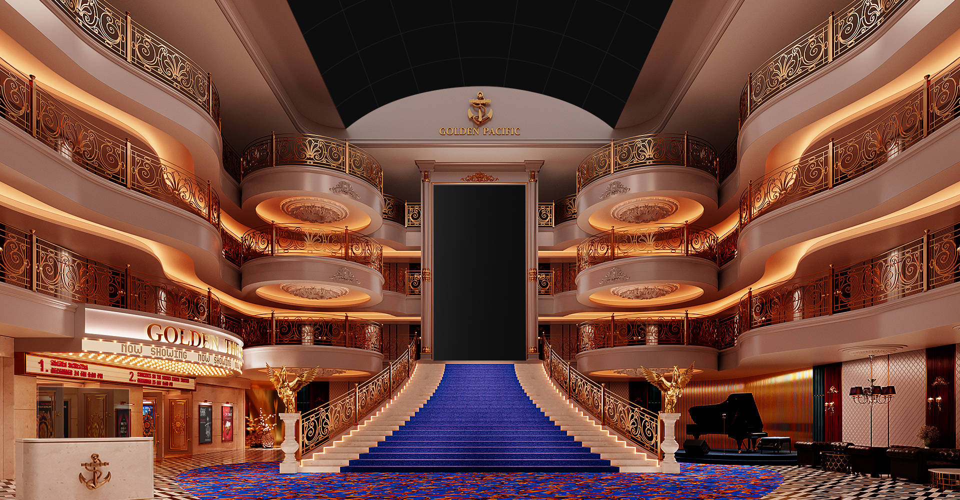 A cruise lobby is equipped with a signage screens that welcome the guests from its entrance.