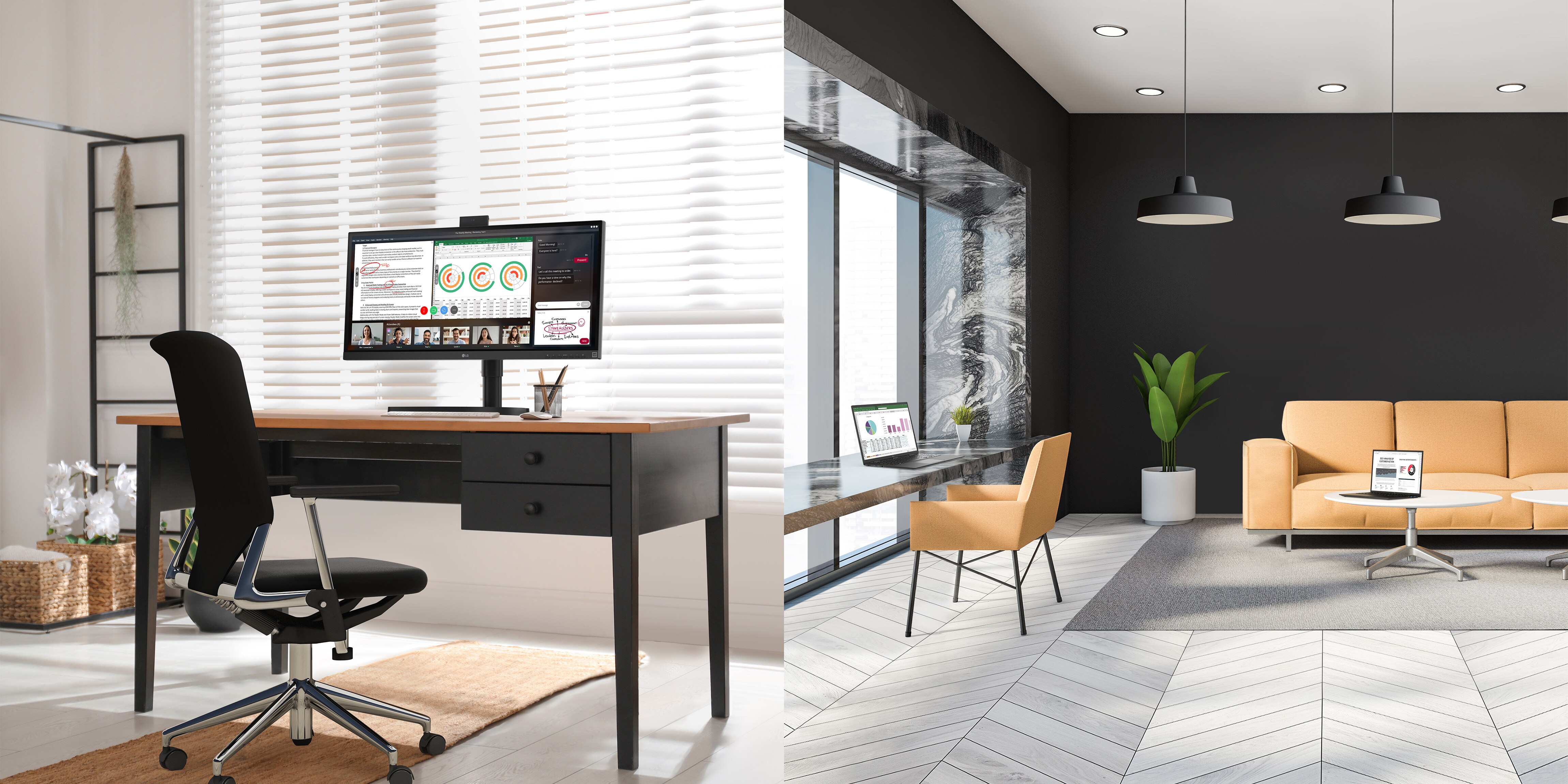 34CN650 is on the desk in home office environment. LG mobile client 14ZT90P and 15ZT90P is in the cafe for working.
