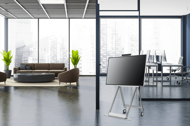 The LG One:Quick Flex is placed between the office and lounge, showing its wheel.