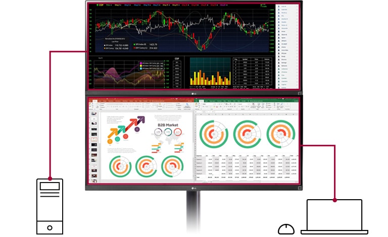Multiple devices connected to a vertical stack dual monitor