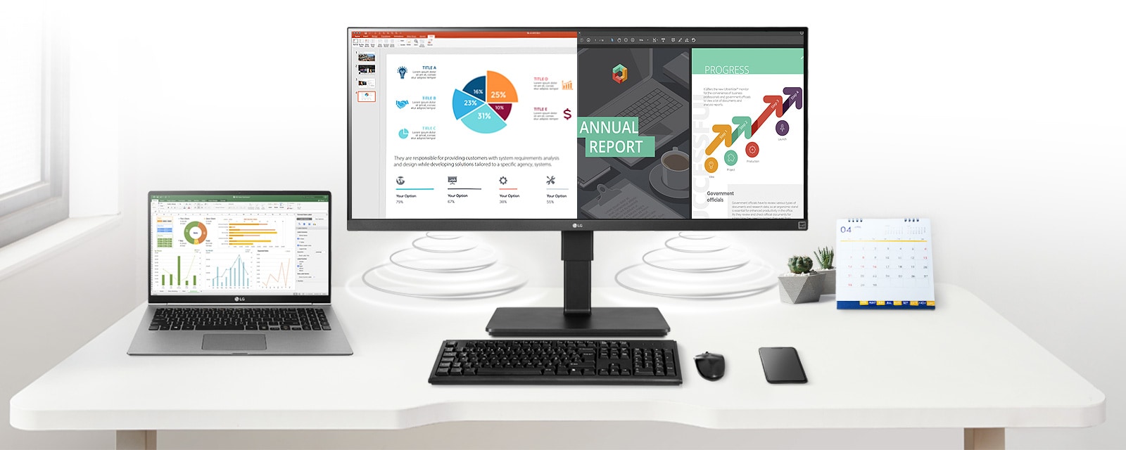 The clutter-free desk with extra space without wires and cables of external speakers