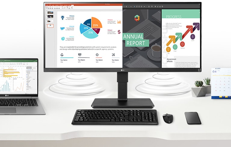 The clutter-free desk with extra space without wires and cables of external speakers